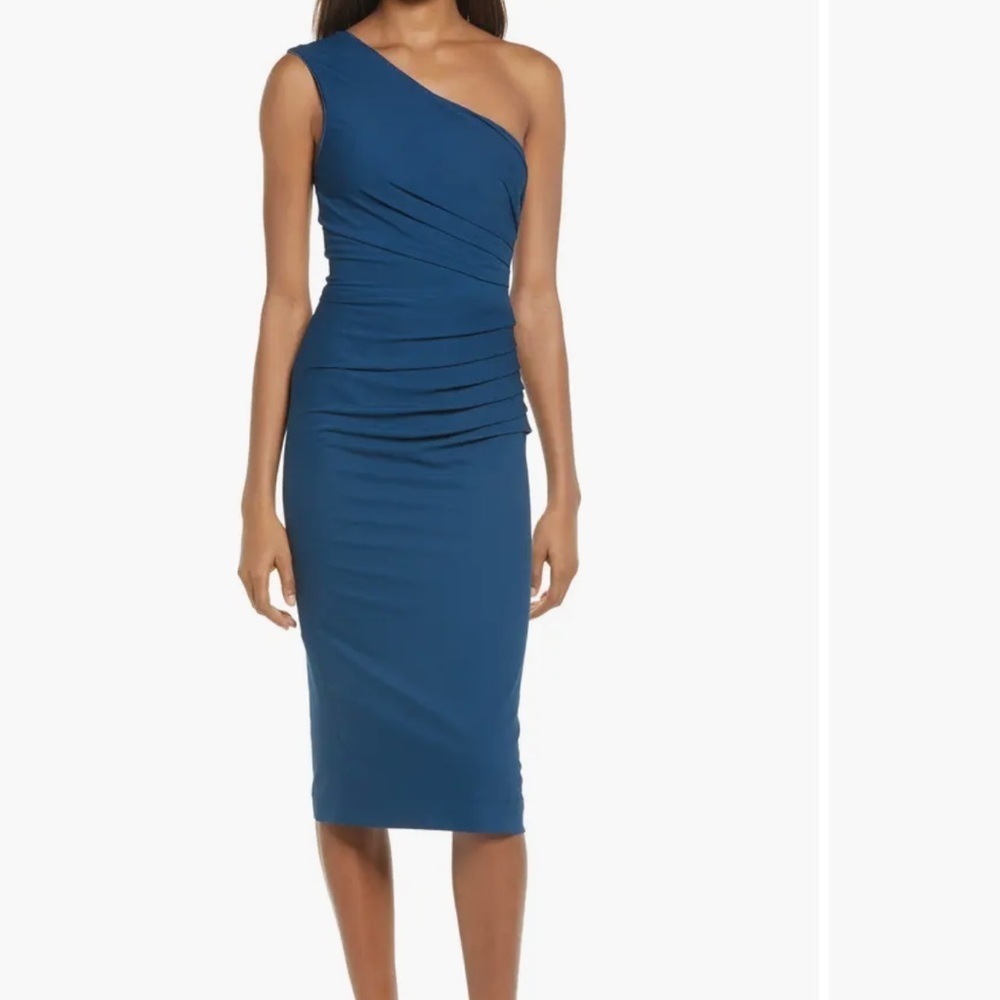 Dress The Population NWT Martine Stretch Crepe One Shoulder Dress in Peacock L